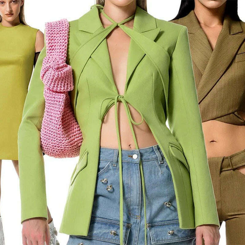 DEAT Fashion Women's Blazer Notched Lace-up Slim Pockets Patchwork Deconstruction Green Suit Jackets Autumn 2024 New Tide CP1984 - KIMLUD