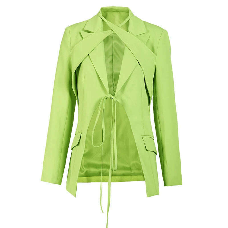 DEAT Fashion Women's Blazer Notched Lace-up Slim Pockets Patchwork Deconstruction Green Suit Jackets Autumn 2024 New Tide CP1984 - KIMLUD