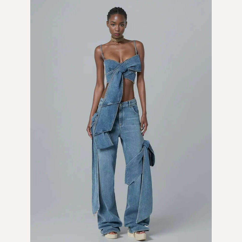 DEAT Fashion Women's Bows Bandage Denim Sling Vest High Waist Wide Leg Straight Jeans Female 2024 Spring New Trendy 33A1173 - KIMLUD