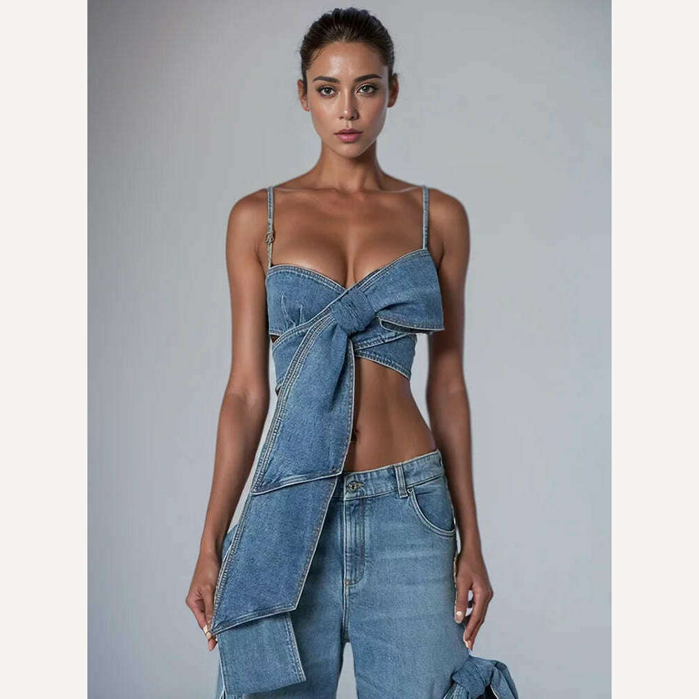 KIMLUD, DEAT Fashion Women's Bows Cross Bandage Denim Camis High Waist Wide Leg Straight Streetwear Jeans Summer 2024 New Tide 33A1173, KIMLUD Womens Clothes