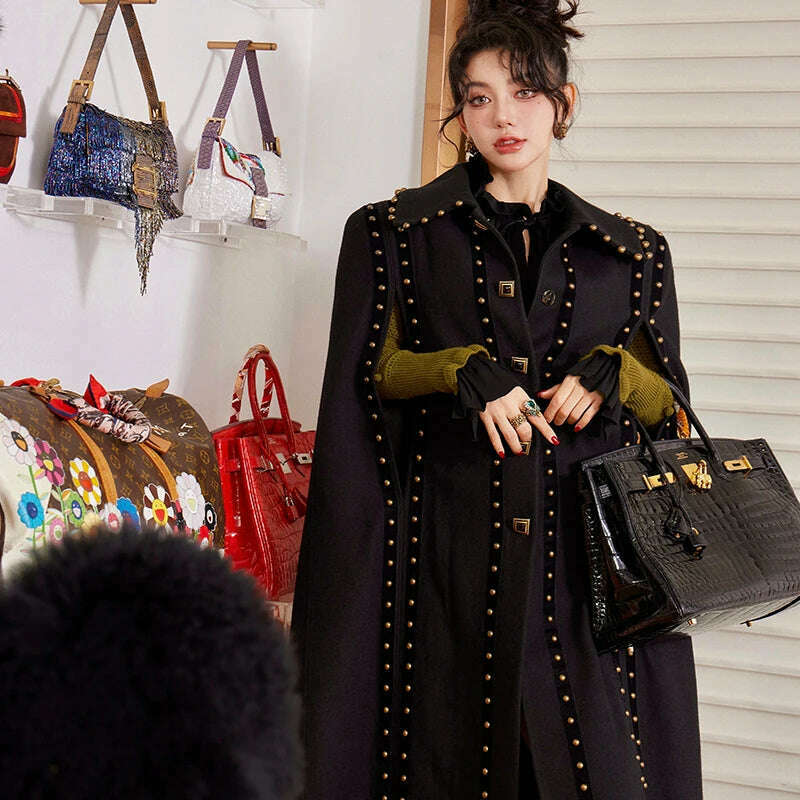KIMLUD, DEAT Fashion Women's Cloak Jackets Antique Copper Rivet Turn-down Collar Sleeve Single Breasted Spring 2024 New Tide 7AB3243, Rivet Black / S, KIMLUD APPAREL - Womens Clothes