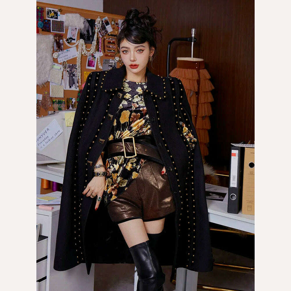KIMLUD, DEAT Fashion Women's Cloak Jackets Antique Copper Rivet Turn-down Collar Sleeve Single Breasted Spring 2024 New Tide 7AB3243, KIMLUD Womens Clothes