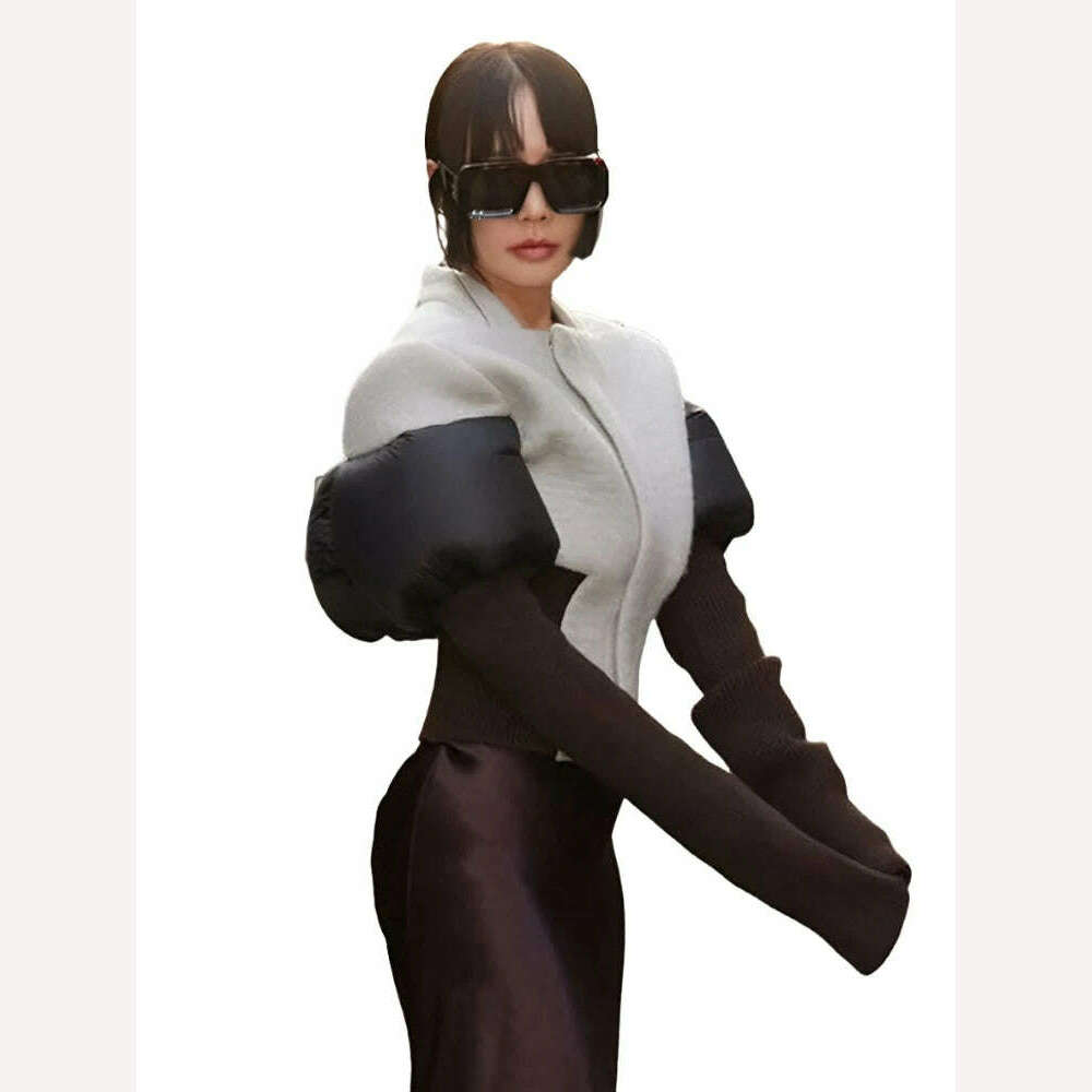 DEAT Fashion Women's Color Block Jackets Long Sleeve Zipper Collarless Slim Short Patchwork Short Coat Spring 2024 New 7AB3106 - KIMLUD