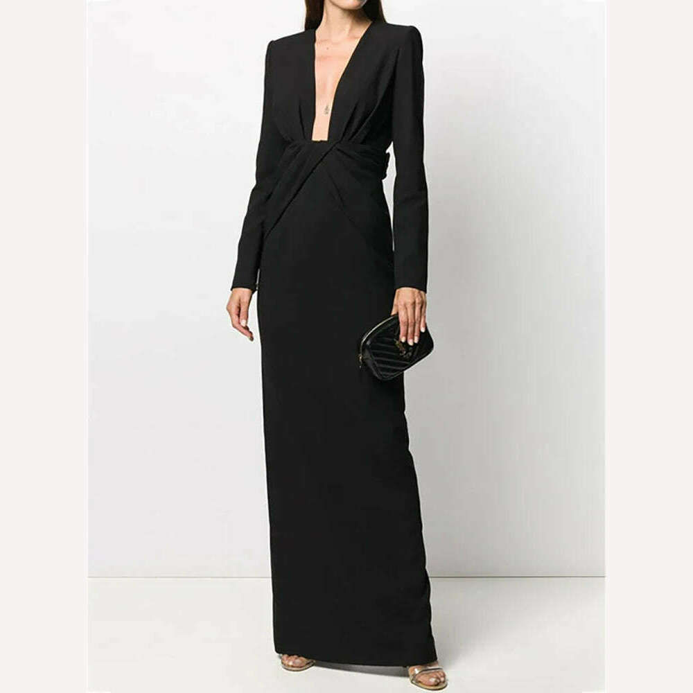 KIMLUD, DEAT Fashion Women's Deep V-neck Cross Pleated Dress Waist Long Sleeve Female Elegant Dresses Female 2024 Autumn New 13DB3074, KIMLUD Womens Clothes