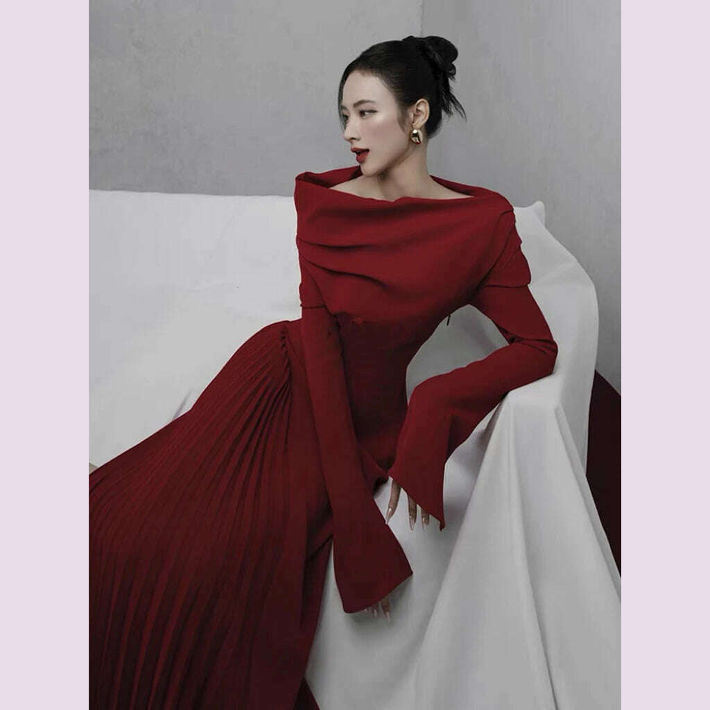 KIMLUD, DEAT Fashion Women's Elegant Dress Folds Diagonal Collar Slim High Waist Side Slit Pleated Ankle-length Dresses Autumn 2025 New, KIMLUD Womens Clothes