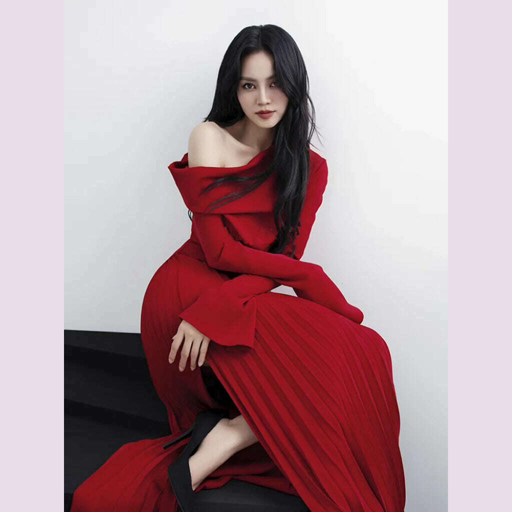 KIMLUD, DEAT Fashion Women's Elegant Dress Folds Diagonal Collar Slim High Waist Side Slit Pleated Ankle-length Dresses Autumn 2025 New, Red / S, KIMLUD APPAREL - Womens Clothes