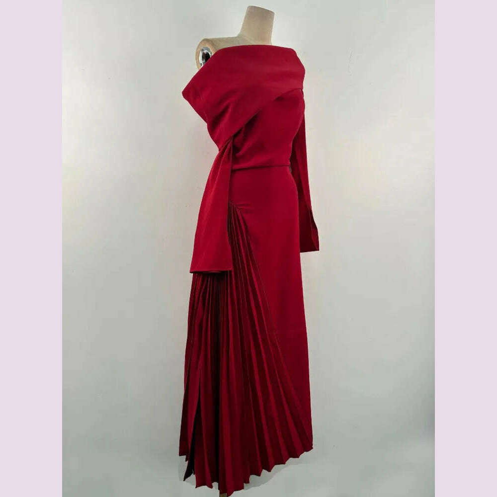 KIMLUD, DEAT Fashion Women's Elegant Dress Folds Diagonal Collar Slim High Waist Side Slit Pleated Ankle-length Dresses Autumn 2025 New, KIMLUD Womens Clothes