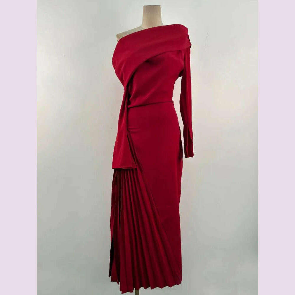 KIMLUD, DEAT Fashion Women's Elegant Dress Folds Diagonal Collar Slim High Waist Side Slit Pleated Ankle-length Dresses Autumn 2025 New, KIMLUD Womens Clothes