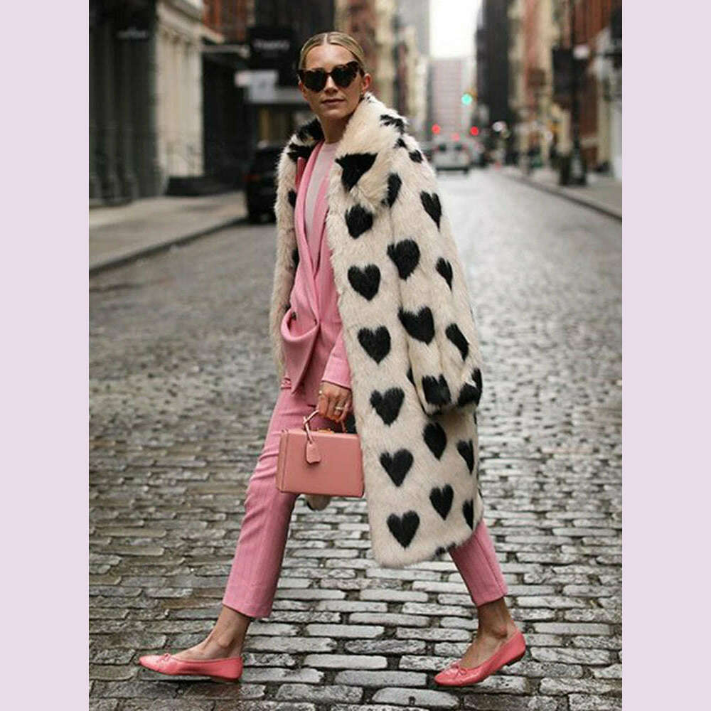 KIMLUD, DEAT Fashion Women's Faux Fur Coat Lapel Loose Long Sleeve Plush Black Love Thick Warm White Overcoat Winter 2022 New 7AB2449, KIMLUD Womens Clothes