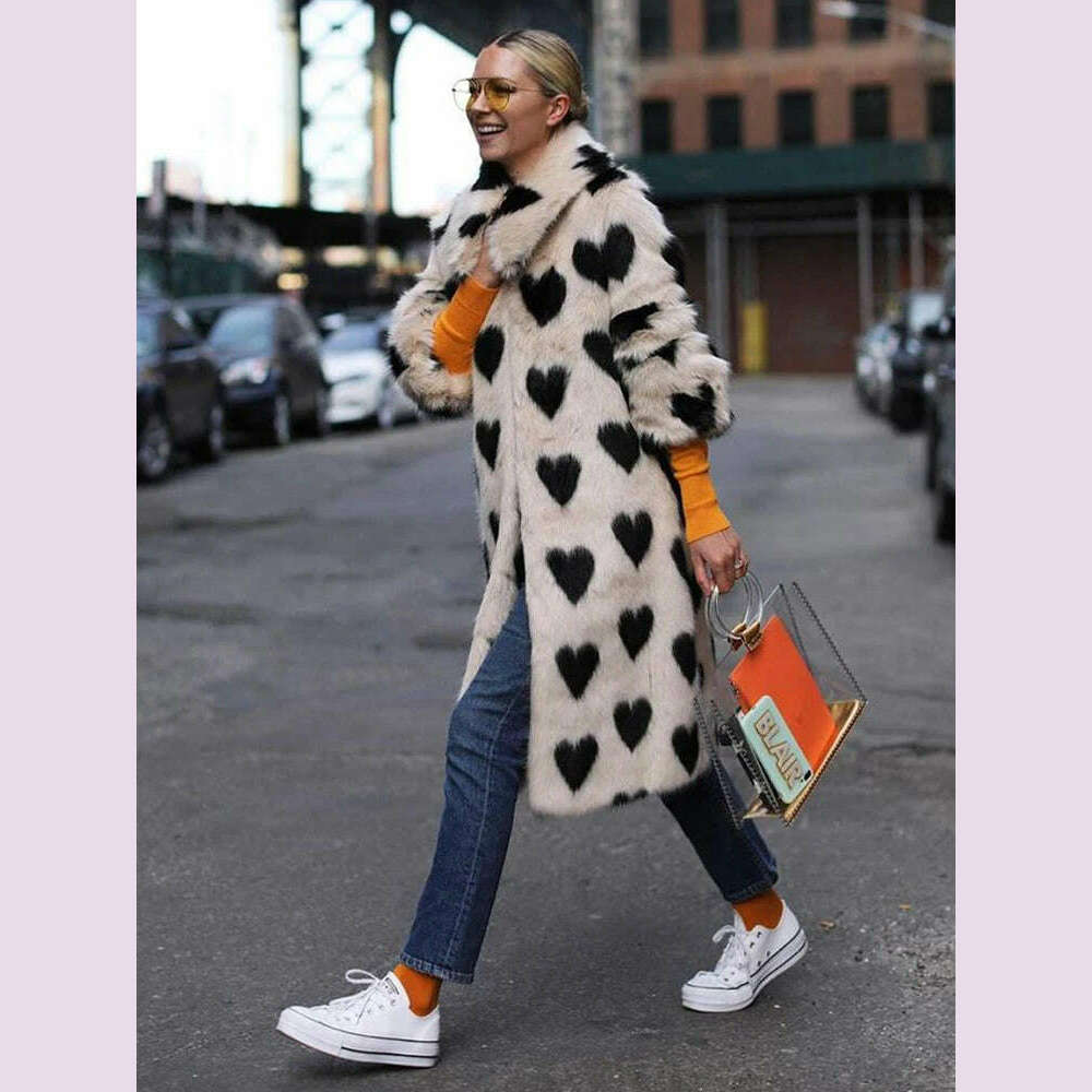 KIMLUD, DEAT Fashion Women's Faux Fur Coat Lapel Loose Long Sleeve Plush Black Love Thick Warm White Overcoat Winter 2022 New 7AB2449, KIMLUD Womens Clothes