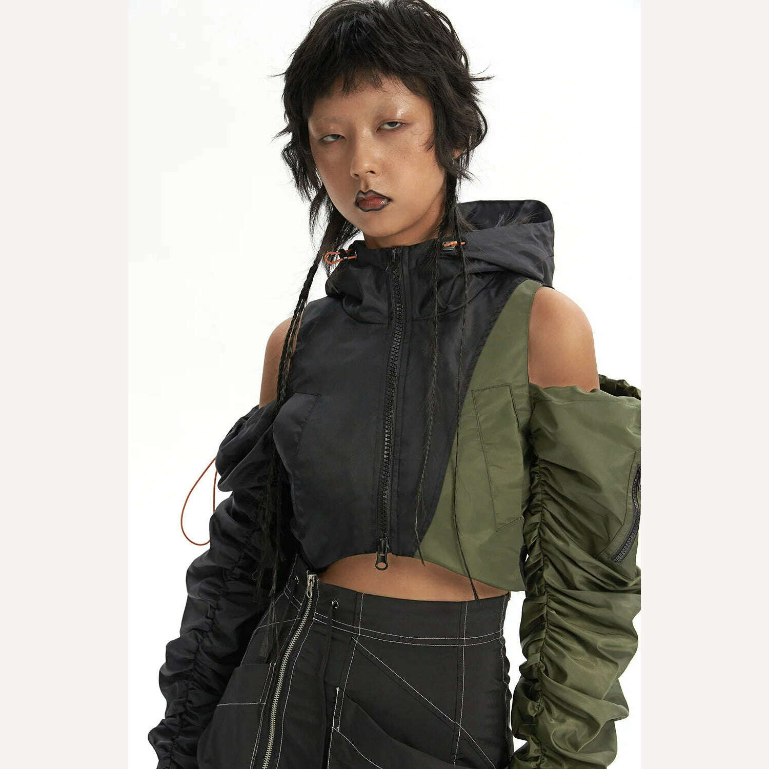 KIMLUD, DEAT Fashion Women's Jackets Hooded Off The Shoulder Drawstring Contrast Stitching Midriff-baring Coat Autumn 2023 New 7AB303, KIMLUD Womens Clothes