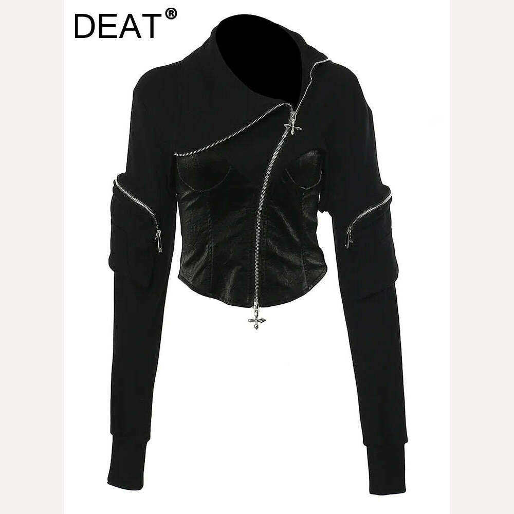 DEAT Fashion Women's Jackets Irregular Lapel Zipper Backless Pu Leather Spliced Slim Lace-up Coats Autumn 2023 New Tide 7AB1815, KIMLUD Women's Clothes
