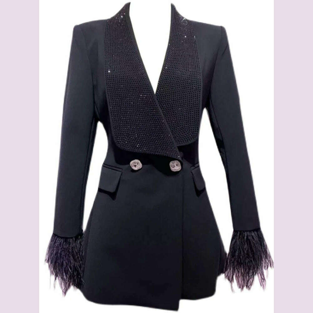 KIMLUD, DEAT Fashion Women's Jackt Slim Rhinestone Lapel Double Breasted Feather Sleeve Waist Solid Color Blazer Summer 2023 New 17A8207, black / S, KIMLUD APPAREL - Womens Clothes