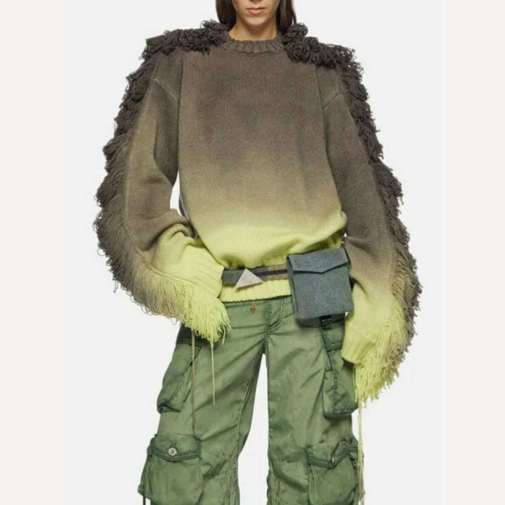 DEAT Fashion Women's Knitted Pullover Loose Round Neck Gradient Tassel Spliced Full Sleeves Sweater Autumn 2024 New Tide LM28080 - KIMLUD
