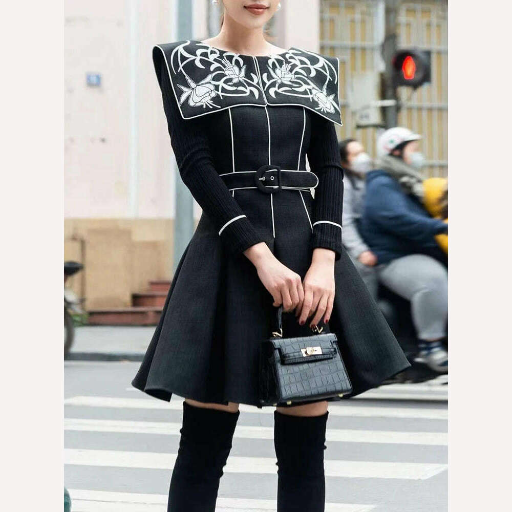 KIMLUD, DEAT Round Collar Print Women Dress Belt A Line High Waist Short Style A Line Elegant Evening Party Clothing New 2024 15KB3632, KIMLUD Womens Clothes