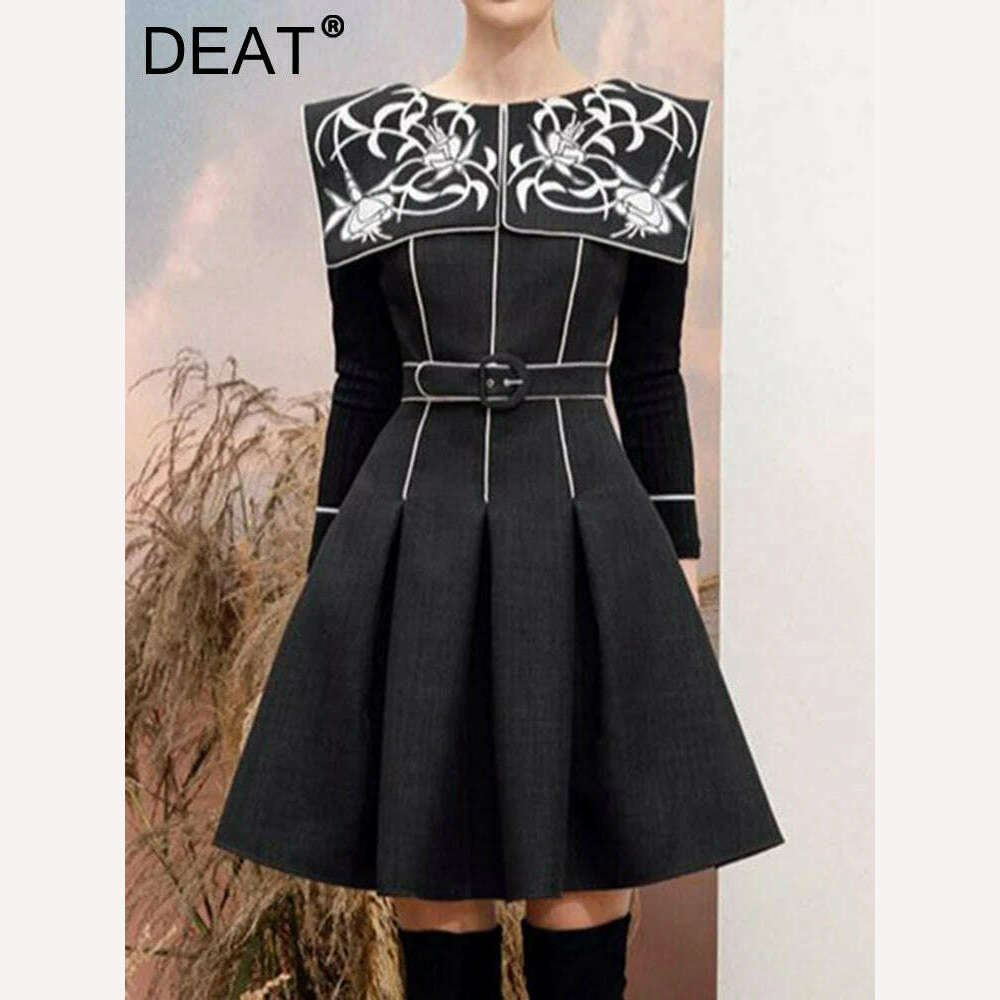 KIMLUD, DEAT Round Collar Print Women Dress Belt A Line High Waist Short Style A Line Elegant Evening Party Clothing New 2024 15KB3632, KIMLUD Womens Clothes