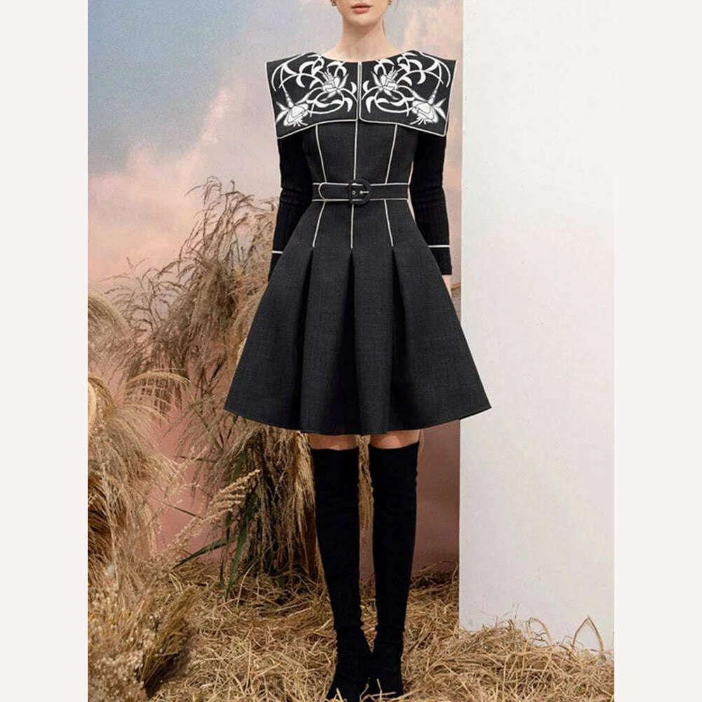 KIMLUD, DEAT Round Collar Print Women Dress Belt A Line High Waist Short Style A Line Elegant Evening Party Clothing New 2024 15KB3632, KIMLUD Womens Clothes