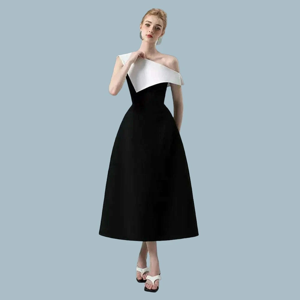 DEAT Strapless Dress for Women with Slash Neck Contrast Color Waist Retraction Zipper Mid-Calf Length Spring Season New Fashion - KIMLUD