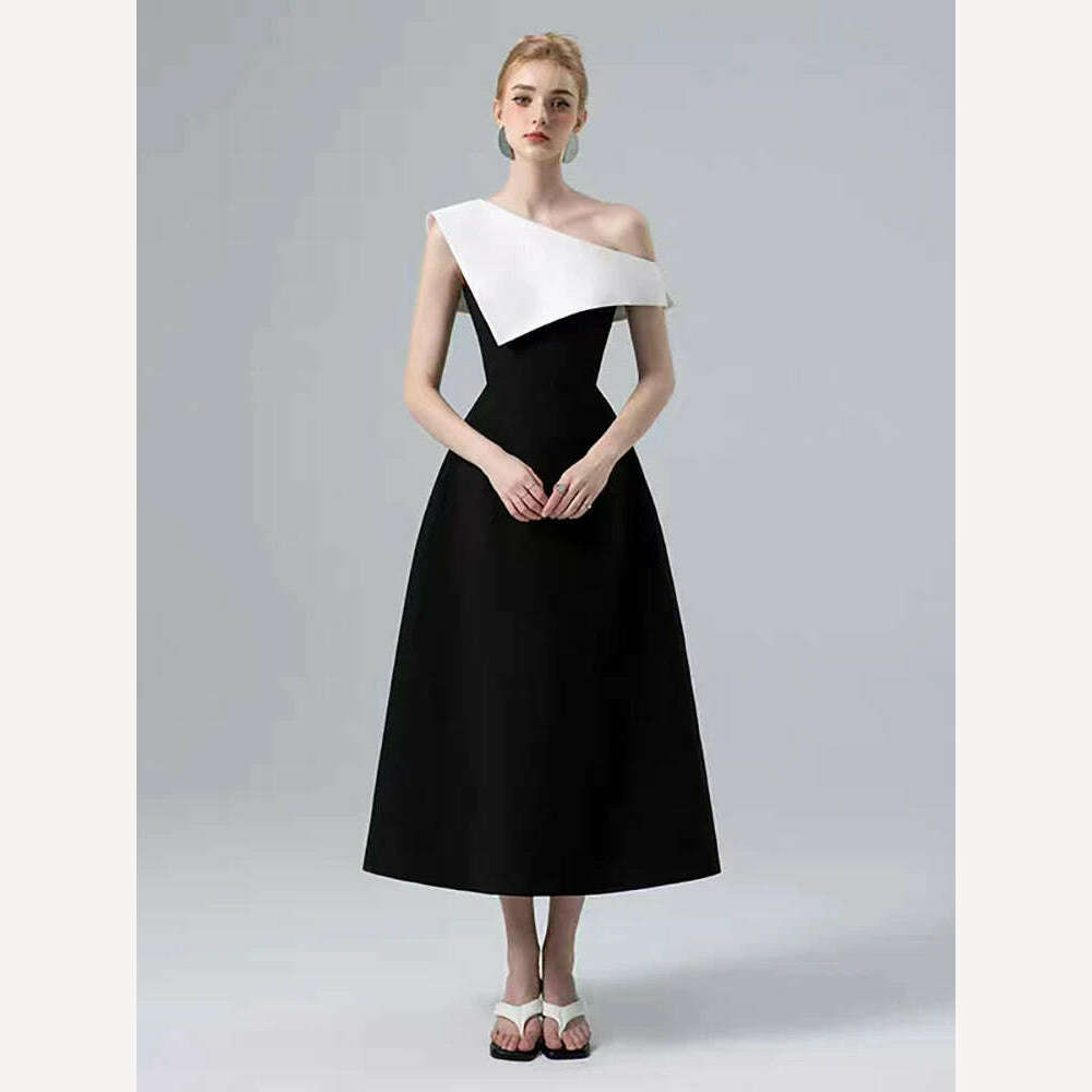 DEAT Strapless Dress for Women with Slash Neck Contrast Color Waist Retraction Zipper Mid-Calf Length Spring Season New Fashion - KIMLUD