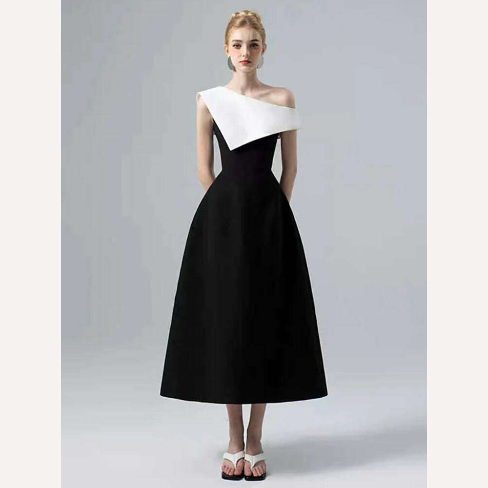 DEAT Strapless Dress for Women with Slash Neck Contrast Color Waist Retraction Zipper Mid-Calf Length Spring Season New Fashion - KIMLUD