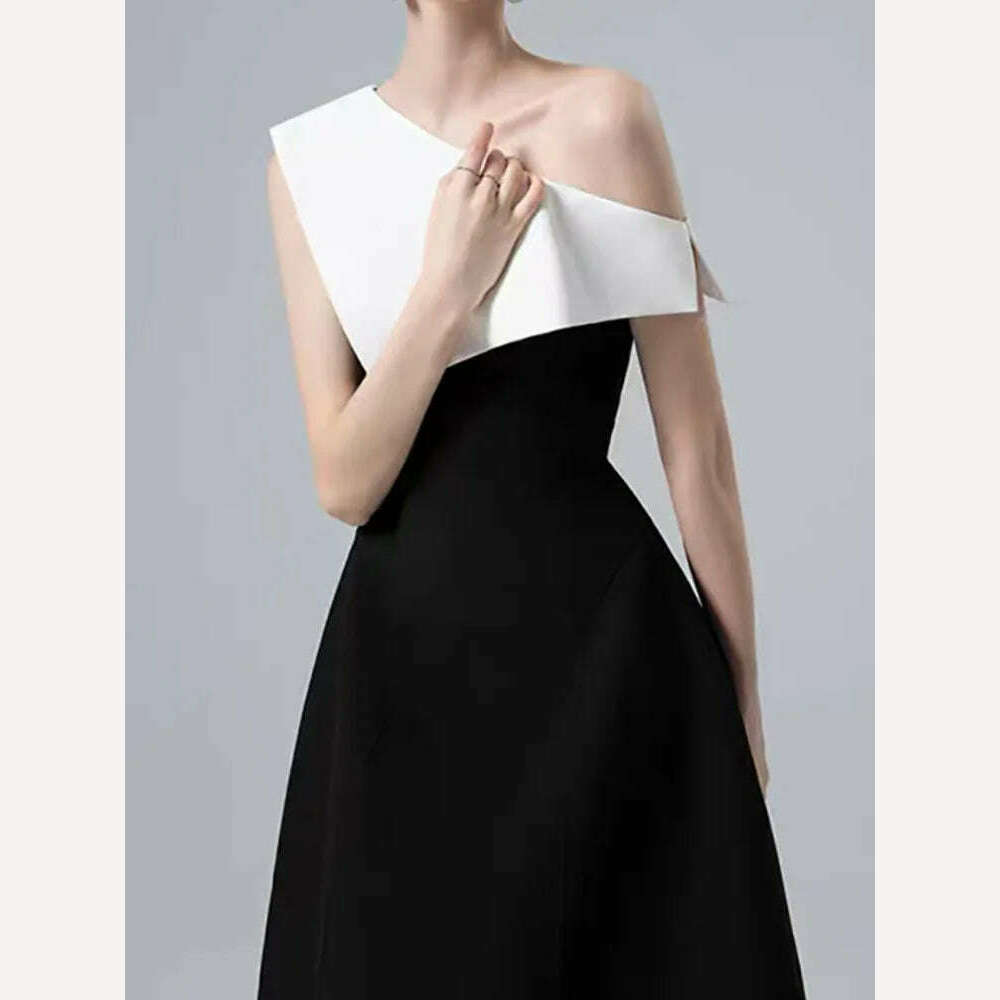 DEAT Strapless Dress for Women with Slash Neck Contrast Color Waist Retraction Zipper Mid-Calf Length Spring Season New Fashion - KIMLUD