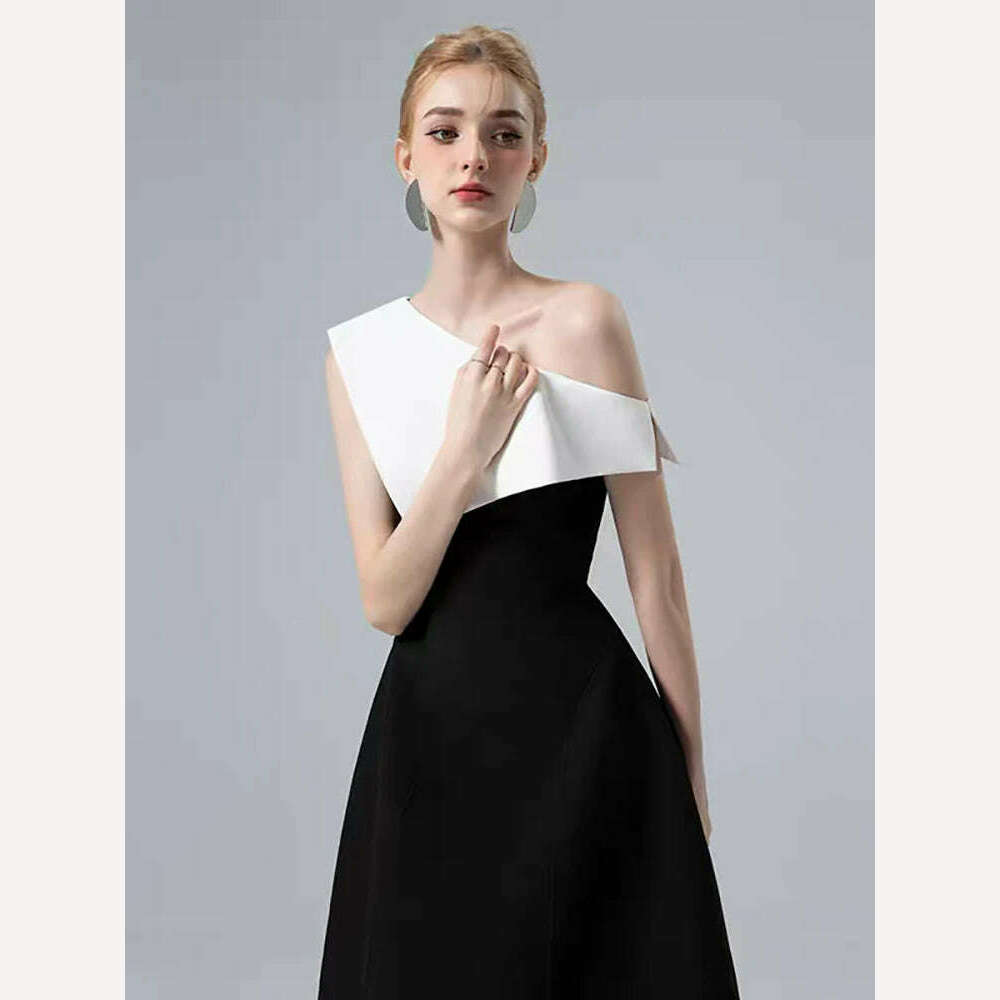 DEAT Strapless Dress for Women with Slash Neck Contrast Color Waist Retraction Zipper Mid-Calf Length Spring Season New Fashion - KIMLUD