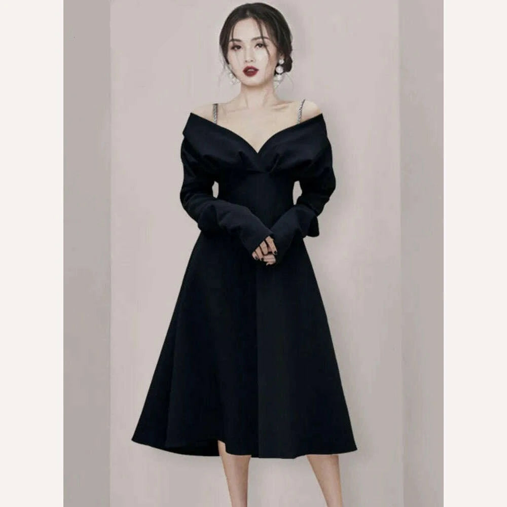 KIMLUD, DEAT Woman Midi Dress Chain Spaghetti Strap V Collar Long Sleeve High Waist Elegant Fashion Dresses 2024 New Autumn 15JK110, KIMLUD Womens Clothes