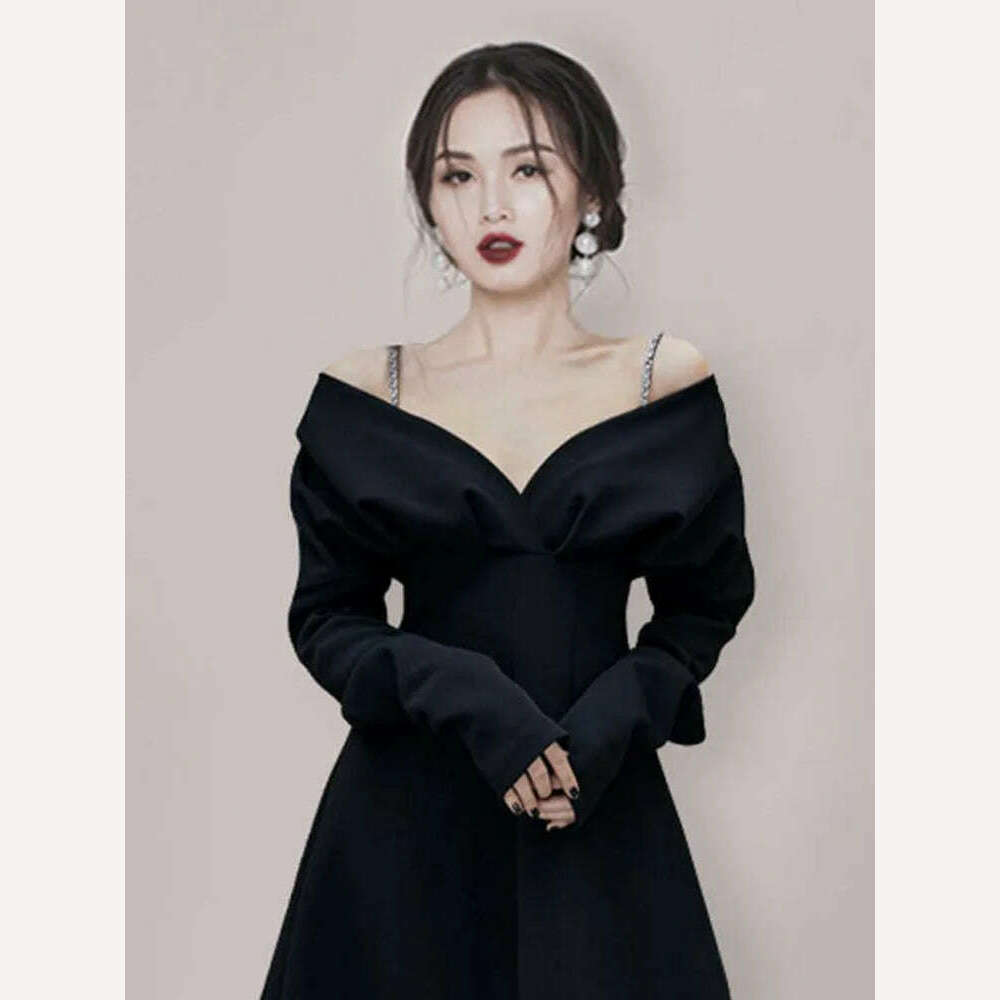 KIMLUD, DEAT Woman Midi Dress Chain Spaghetti Strap V Collar Long Sleeve High Waist Elegant Fashion Dresses 2024 New Autumn 15JK110, KIMLUD Womens Clothes