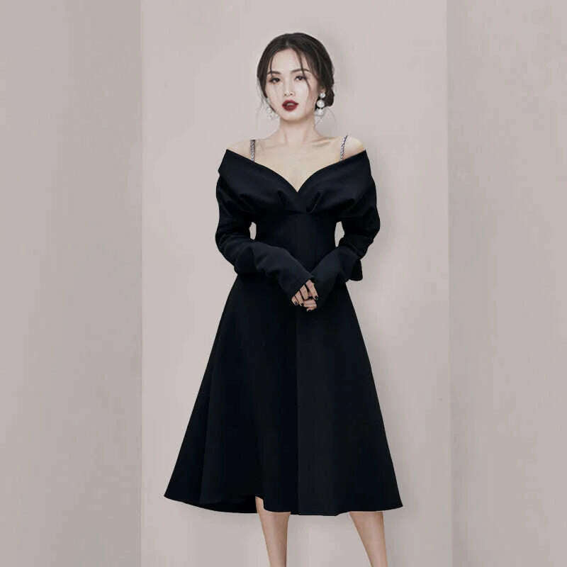 KIMLUD, DEAT Woman Midi Dress Chain Spaghetti Strap V Collar Long Sleeve High Waist Elegant Fashion Dresses 2024 New Autumn 15JK110, XS / Black Dress, KIMLUD APPAREL - Womens Clothes