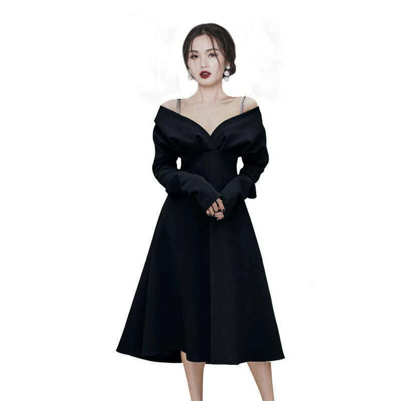 KIMLUD, DEAT Woman Midi Dress Chain Spaghetti Strap V Collar Long Sleeve High Waist Elegant Fashion Dresses 2024 New Autumn 15JK110, KIMLUD Womens Clothes