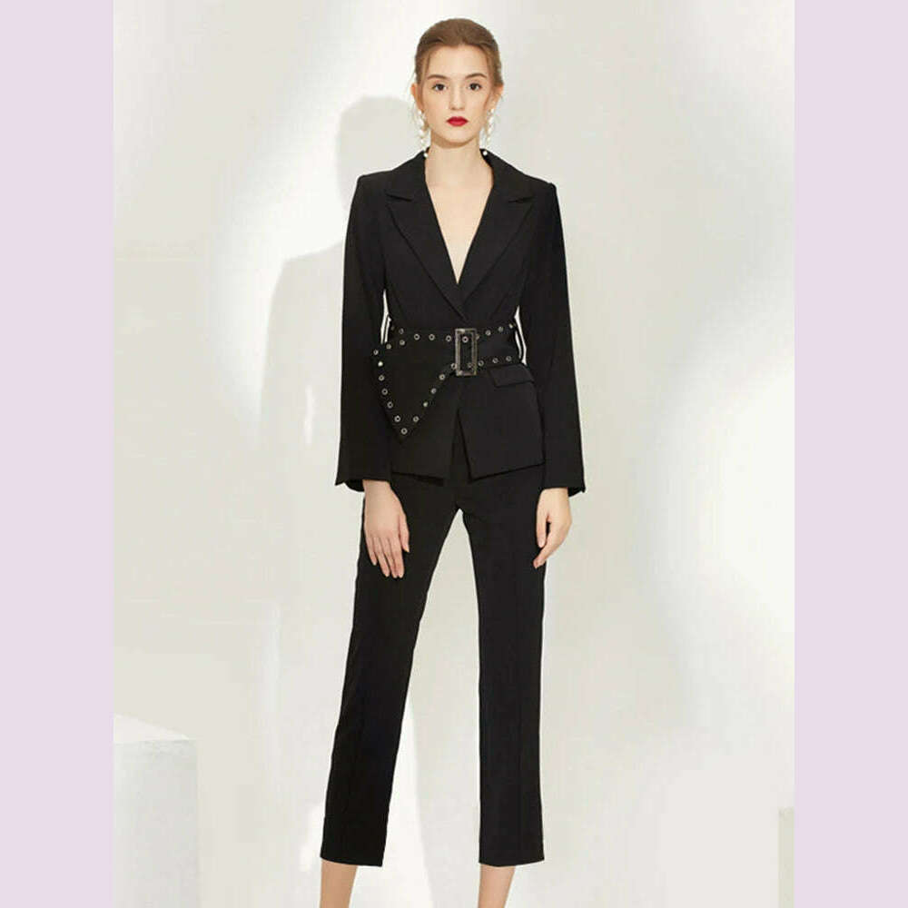 KIMLUD, DEAT Women 2024 Autumn 2 Piece Pants Set Long Sleeve Spliced Lapel Tops Office Lady Pants Female Solid Suits New Models 15C479, M / Black, KIMLUD APPAREL - Womens Clothes