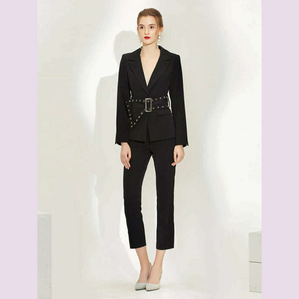 KIMLUD, DEAT Women 2024 Autumn 2 Piece Pants Set Long Sleeve Spliced Lapel Tops Office Lady Pants Female Solid Suits New Models 15C479, KIMLUD Womens Clothes