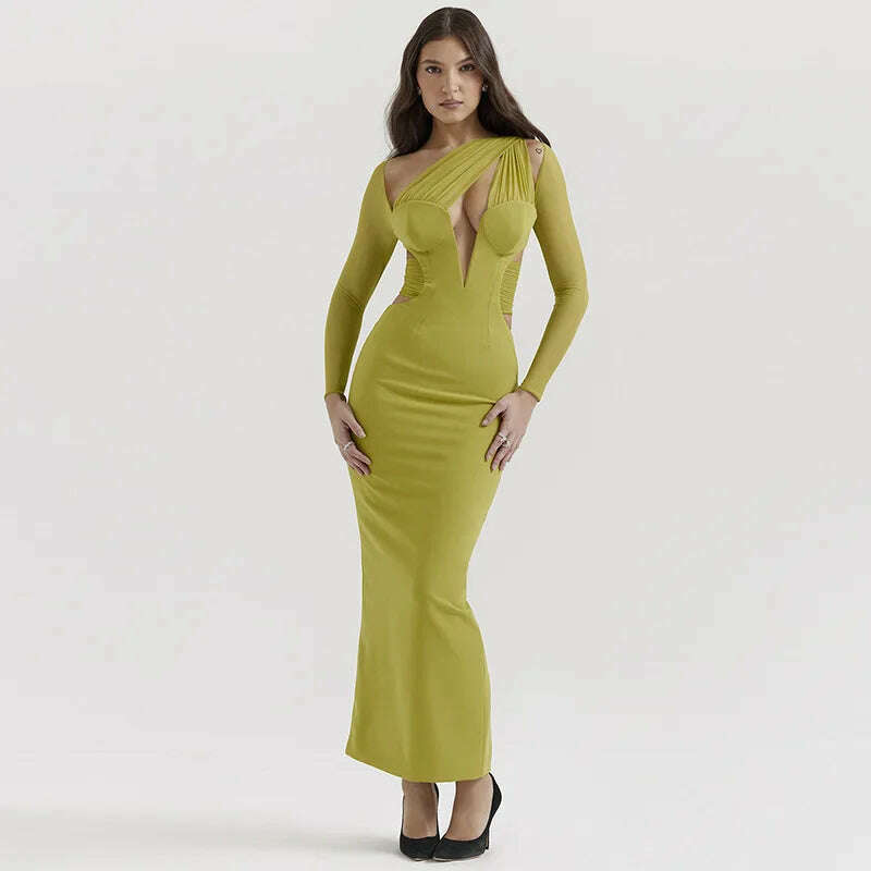 KIMLUD, Deep V-Neck Long Sleeve Maxi Dress Cut Out Bodycon Sexy Long Dress For Womens Black Party Evening Dresses, KIMLUD Womens Clothes