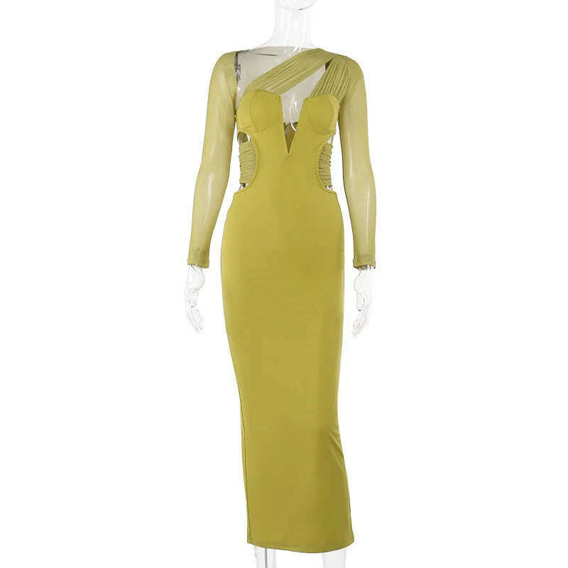 KIMLUD, Deep V-Neck Long Sleeve Maxi Dress Cut Out Bodycon Sexy Long Dress For Womens Black Party Evening Dresses, green / S, KIMLUD APPAREL - Womens Clothes