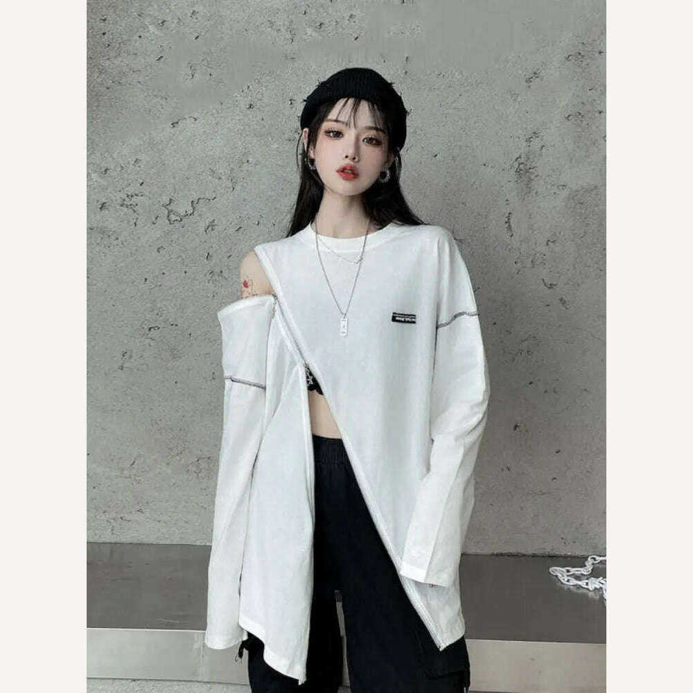 KIMLUD, Deeptown Y2K Techwear Zip Up T Shirts Women Harajuku Punk Off Shoulder Tee Loose O-neck Long Sleeve Sexy Tops Hip Hop Streetwear, White / S, KIMLUD APPAREL - Womens Clothes