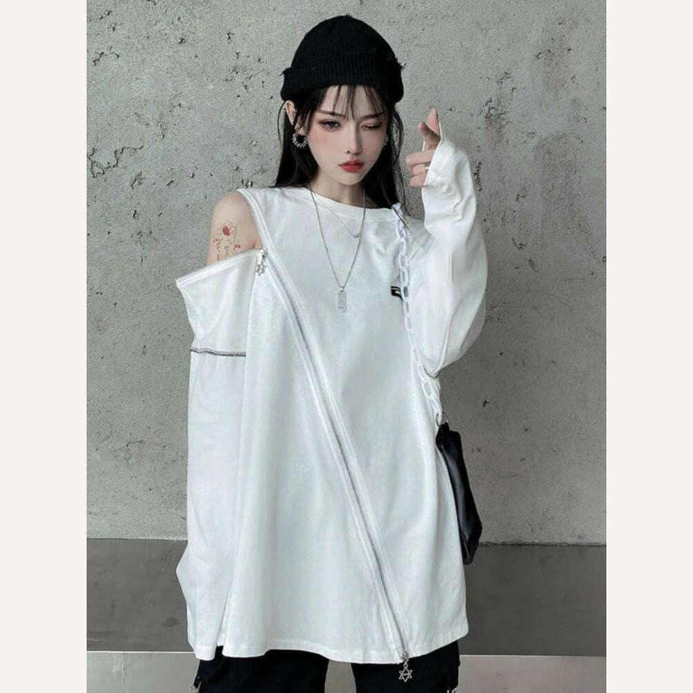 KIMLUD, Deeptown Y2K Techwear Zip Up T Shirts Women Harajuku Punk Off Shoulder Tee Loose O-neck Long Sleeve Sexy Tops Hip Hop Streetwear, KIMLUD Womens Clothes