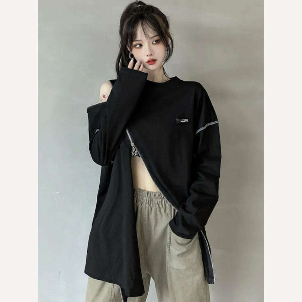 KIMLUD, Deeptown Y2K Techwear Zip Up T Shirts Women Harajuku Punk Off Shoulder Tee Loose O-neck Long Sleeve Sexy Tops Hip Hop Streetwear, Black / S, KIMLUD APPAREL - Womens Clothes