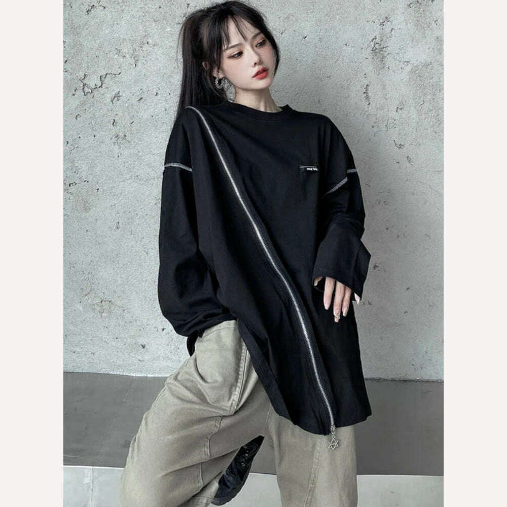 KIMLUD, Deeptown Y2K Techwear Zip Up T Shirts Women Harajuku Punk Off Shoulder Tee Loose O-neck Long Sleeve Sexy Tops Hip Hop Streetwear, KIMLUD Womens Clothes