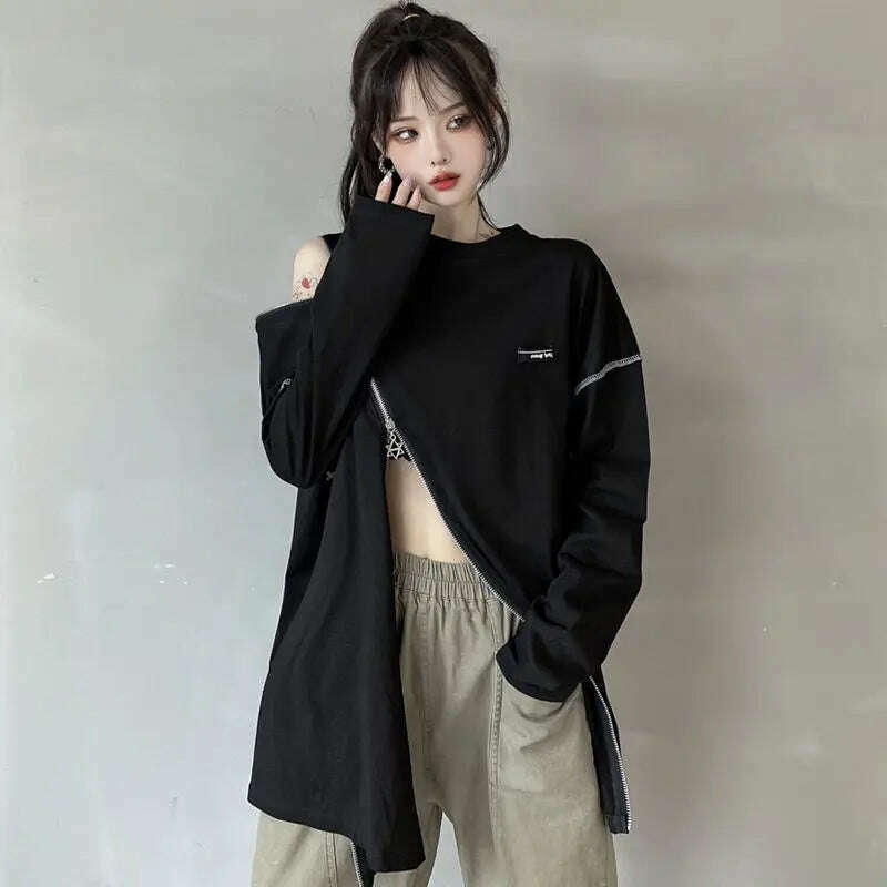 KIMLUD, Deeptown Y2K Techwear Zip Up T Shirts Women Harajuku Punk Off Shoulder Tee Loose O-neck Long Sleeve Sexy Tops Hip Hop Streetwear, KIMLUD Womens Clothes