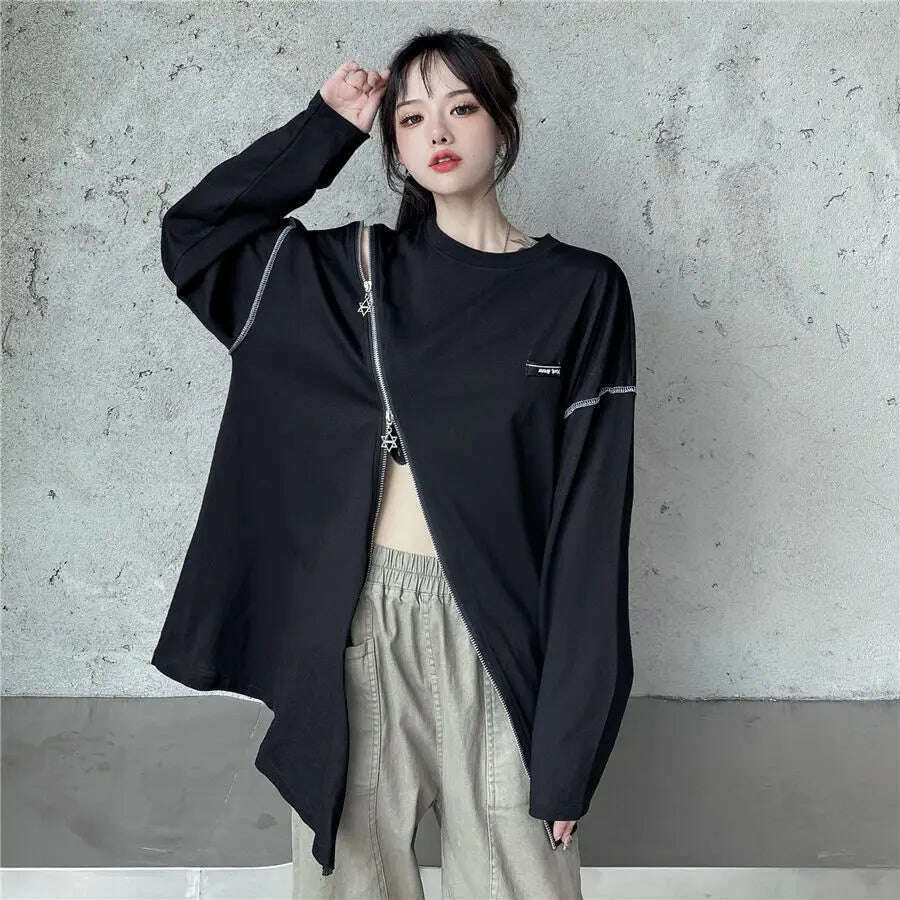 KIMLUD, Deeptown Y2K Techwear Zip Up T Shirts Women Harajuku Punk Off Shoulder Tee Loose O-neck Long Sleeve Sexy Tops Hip Hop Streetwear, KIMLUD Womens Clothes