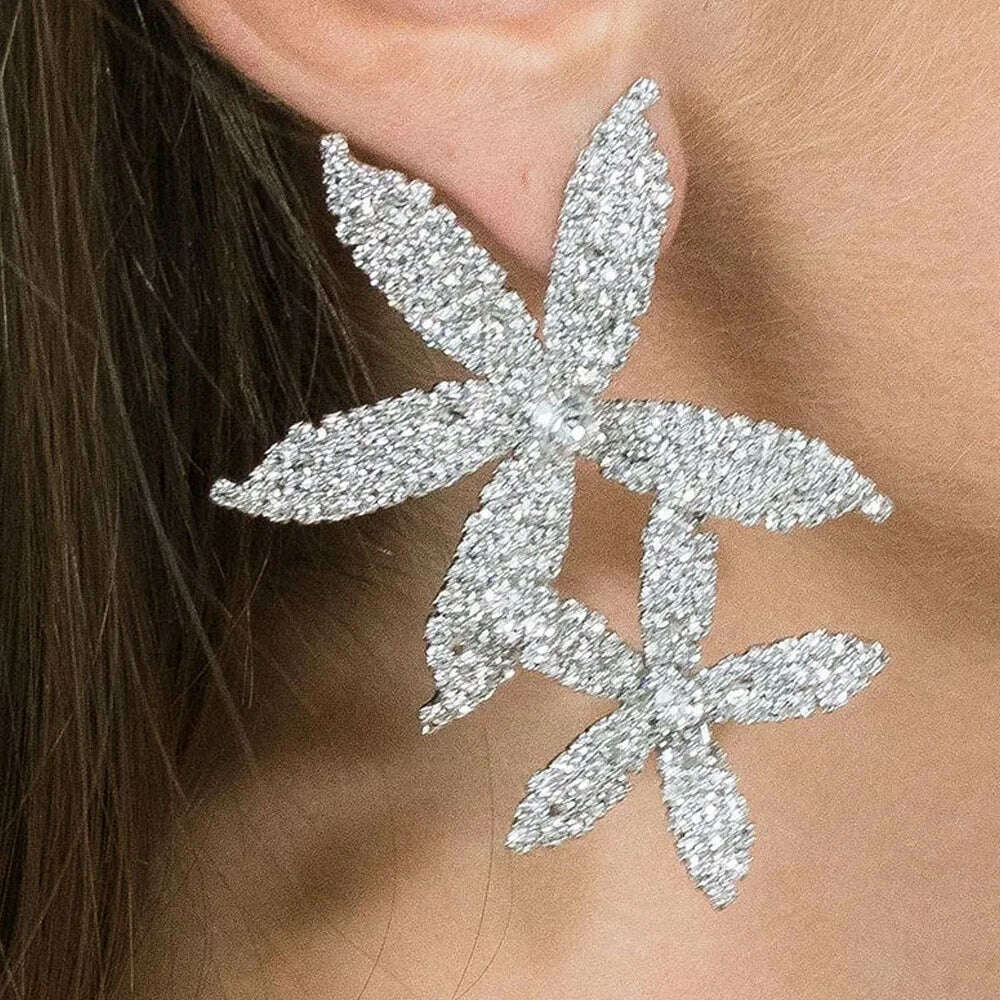 KIMLUD, Delicate Rhinestone Flower Drop Earrings High Quality Jewelry Women Exaggerated Design Bridal Dangle Earrings for Wedding Gift, KIMLUD Womens Clothes