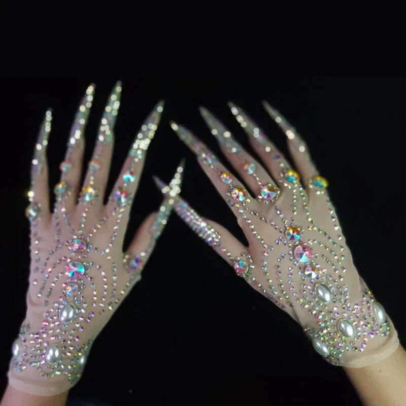 KIMLUD, Deluxe AB Diamond Pearl Long Nails Diamond Shiny Short Gloves, KIMLUD Womens Clothes