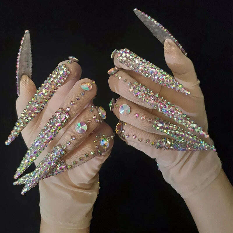 KIMLUD, Deluxe AB Diamond Pearl Long Nails Diamond Shiny Short Gloves, KIMLUD Womens Clothes