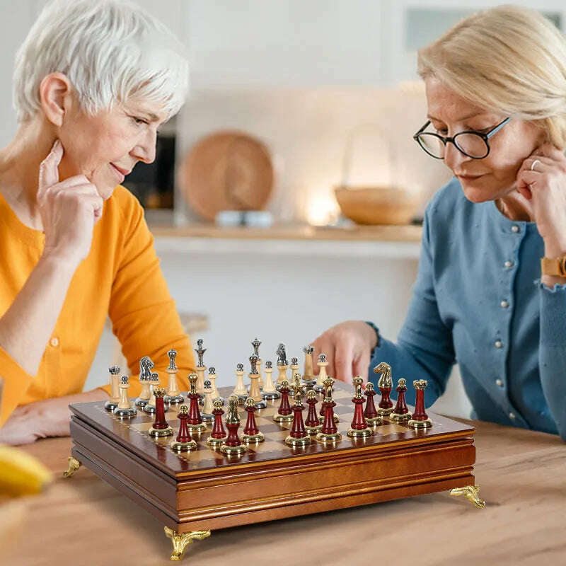 KIMLUD, Deluxe Classic Chess Set Wooden Chessboard Metal Imitation Jade Chess Pieces, KIMLUD Womens Clothes