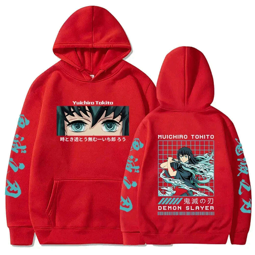 KIMLUD, Demon Slayer Japan Anime Men Women Hoodie Harajuku Muichiro Tokito Graphic Print Plus Size Sweatshirt Streetwear Female Pullover, Red / L, KIMLUD APPAREL - Womens Clothes