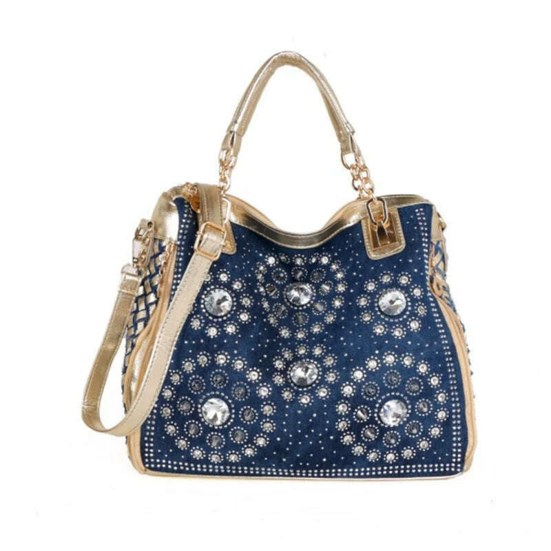 KIMLUD, Denim jean casual women handbags designer weaving shoulder bags rhinestone decorative womens messenger bag totes, 2, KIMLUD Womens Clothes