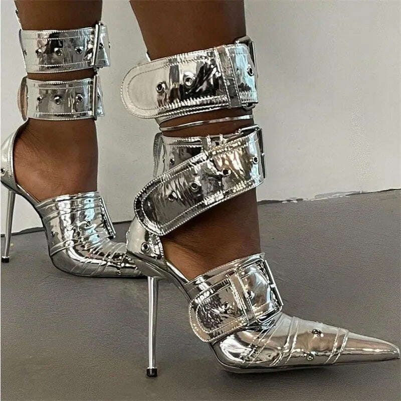 Denim Metal Rivet Buckle Silver Sandals Women's Sexy Punk Style Pointed Metal Hollow 12cm High Heels Size 34-43 Womens Shoes - KIMLUD