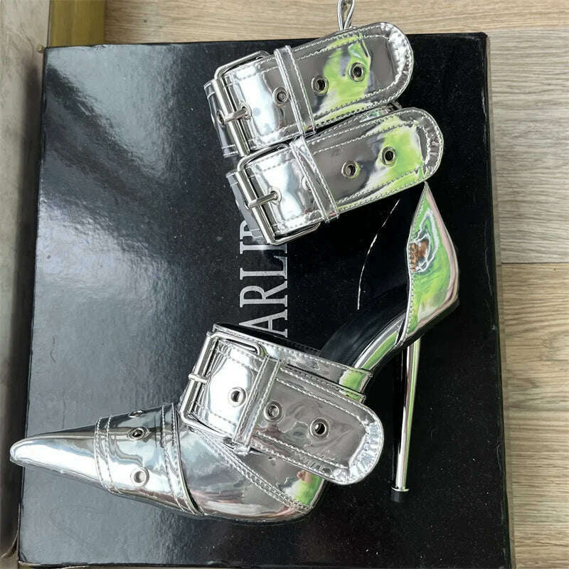 Denim Metal Rivet Buckle Silver Sandals Women's Sexy Punk Style Pointed Metal Hollow 12cm High Heels Size 34-43 Womens Shoes - KIMLUD