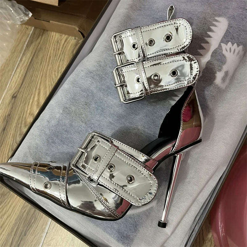 Denim Metal Rivet Buckle Silver Sandals Women's Sexy Punk Style Pointed Metal Hollow 12cm High Heels Size 34-43 Womens Shoes - KIMLUD