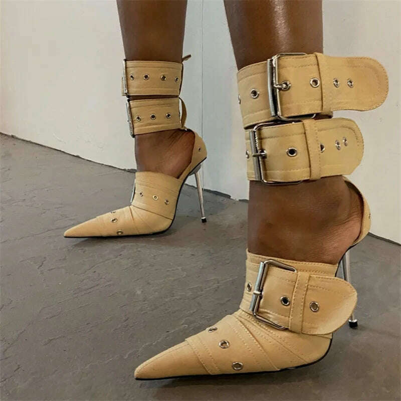 Denim Metal Rivet Buckle Silver Sandals Women's Sexy Punk Style Pointed Metal Hollow 12cm High Heels Size 34-43 Womens Shoes - KIMLUD